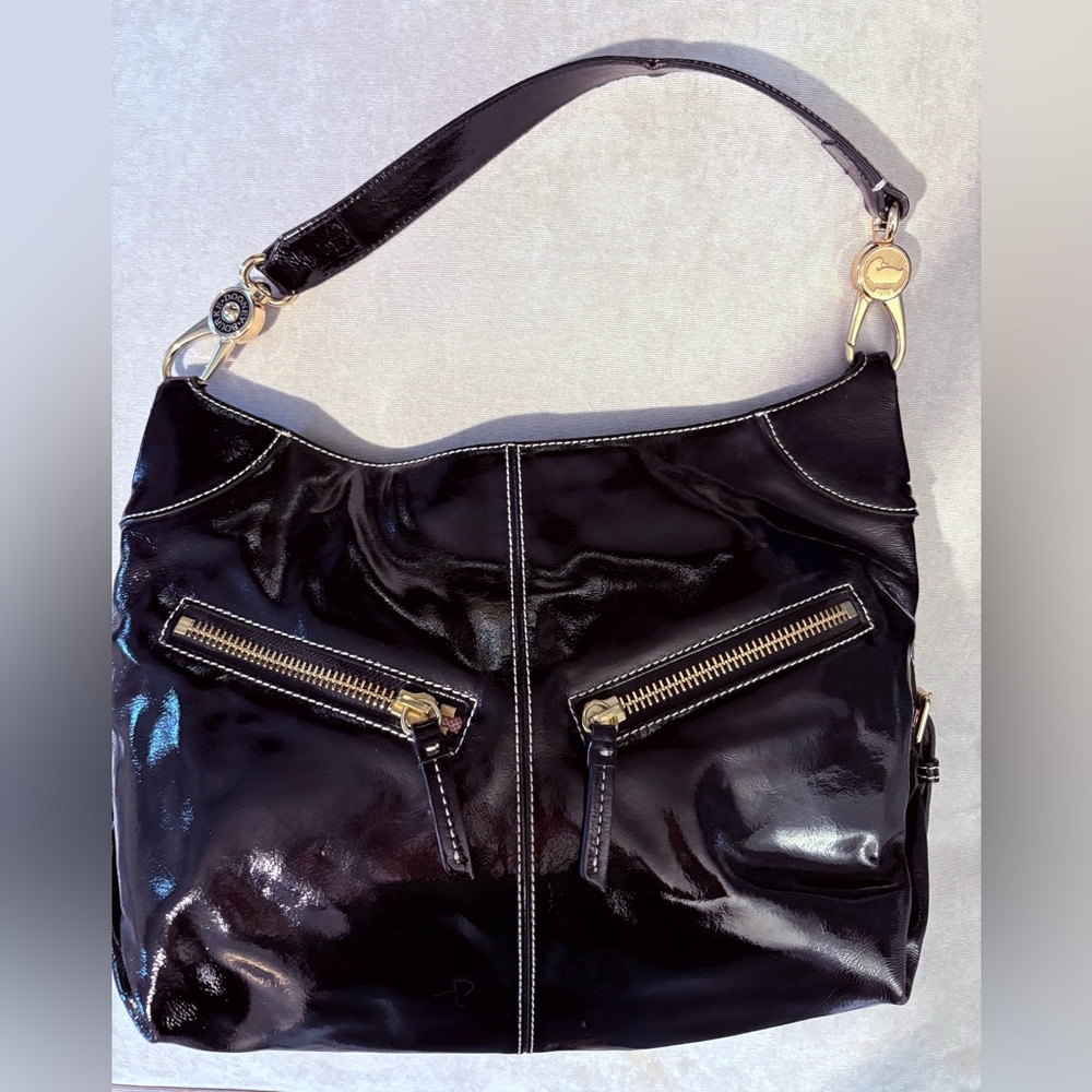 Dooney and Burke Black Patent Leather Shoulder Bag with Gold Hardware